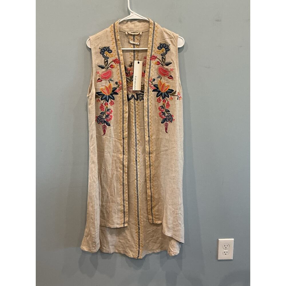 NEW Papparazi Linen Blend Floral Embroidered Open Front Long Vest Boho Festival